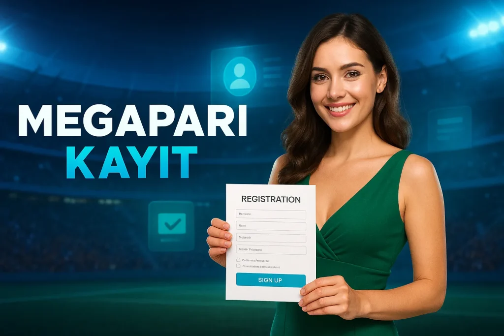 Türk kızı form tutarak Megapari Kayıt afişinde